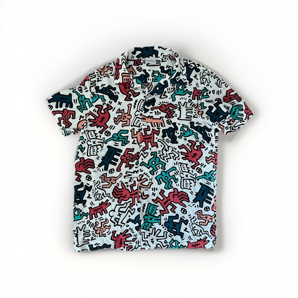 Keith Haring Foundation Dancing Man AOP Art Camp Shirt Rayon Button-Up Men S